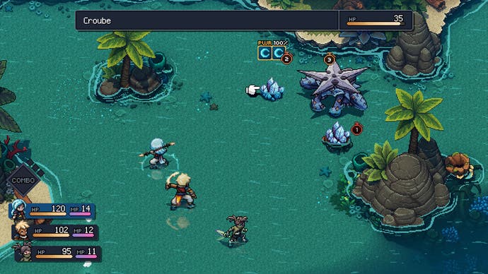Screenshot von Sea Of Stars, der einen Kampf gegen einige krötenähnliche Feinde zeigt.