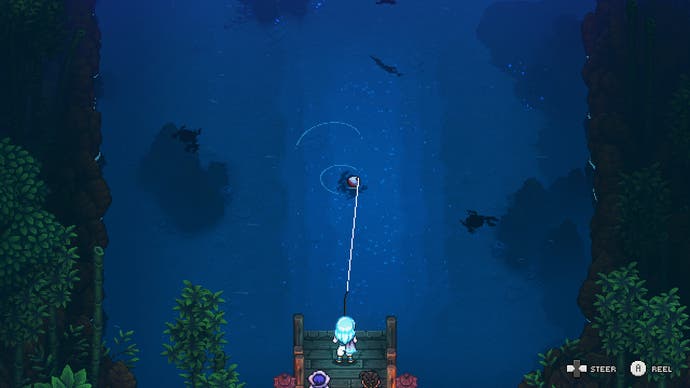 Screenshot von Sea Of Stars, der das Angel-Minispiel zeigt, während Valere einen Fang einholt.