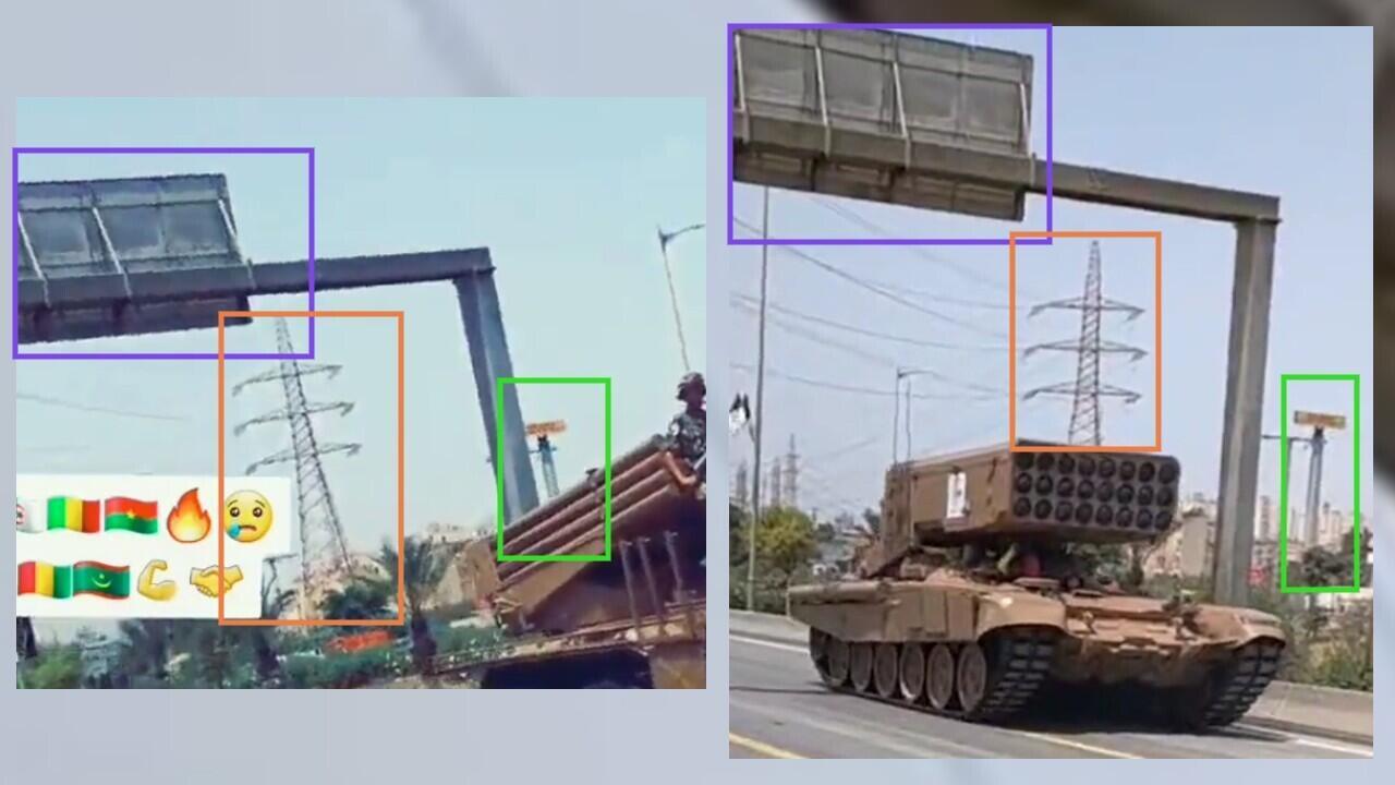 Links ein Bild aus dem viralen Video.  Rechts ein Bild aus einem Video, das während der Militärparade anlässlich des 60-jährigen Bestehens der Unabhängigkeit Algeriens am 5. Juli 2022 in Algier gedreht wurde.  Die beiden Paneele und der Strommast passen zusammen.