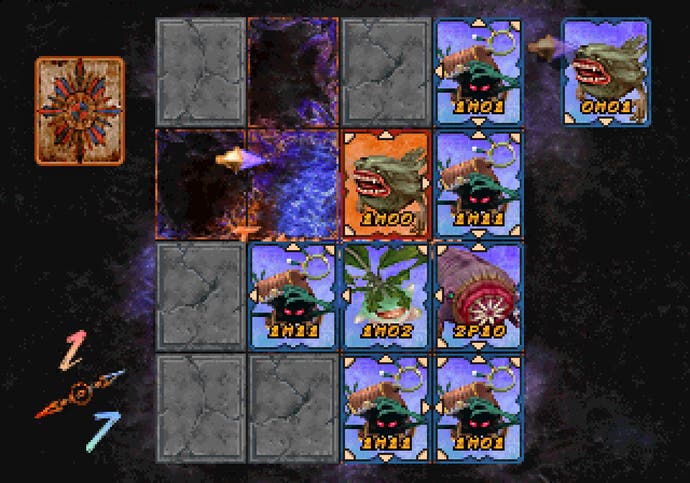Ein Screenshot des fantastischen Tetra Master-Minispiels von Final Fantasy 9, in dem Sie Karten platzieren, um die Ihres Gegners umzudrehen.