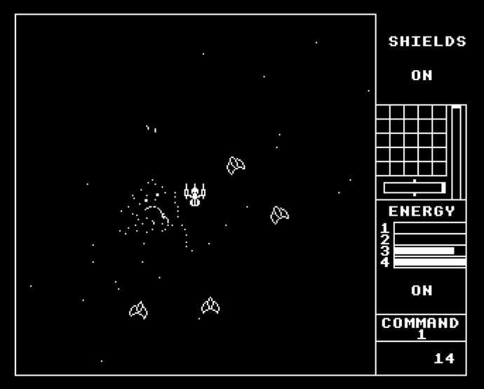 Ein Bildschirm von Starship Command, einem Asteroids-ähnlichen Spiel