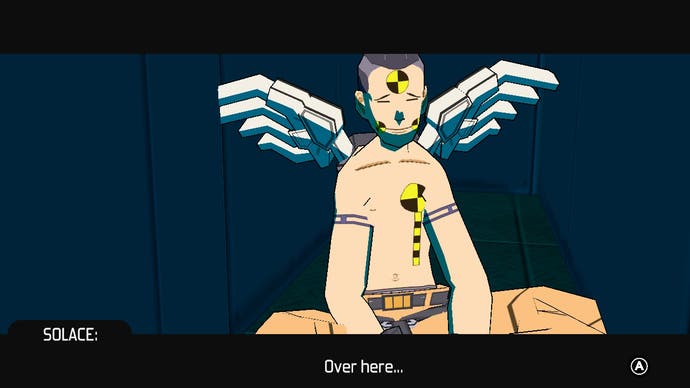 A crash test dummy with angel wings looks sad in Bomb Rush Cyberfunk. He says, 