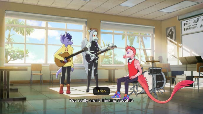Der Screenshot „Goodbye Volcano High“ zeigt drei Teenager-Dinosaurier, die sich in der Schule zum Bandtraining treffen