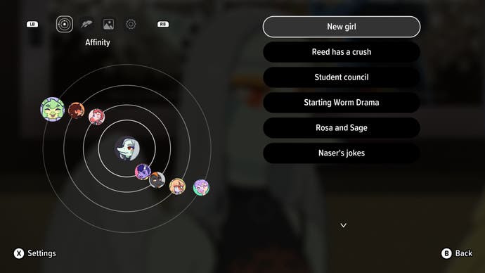 Goodbye Volcano High-Screenshot eines Menübildschirms, der Fangs Beziehungsaffinitäten zu anderen Charakteren zeigt