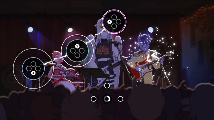 Goodbye Volcano High-Screenshot eines Rhythmusabschnitts im Spiel, bei dem bestimmte Controller-Tasten nacheinander gedrückt werden
