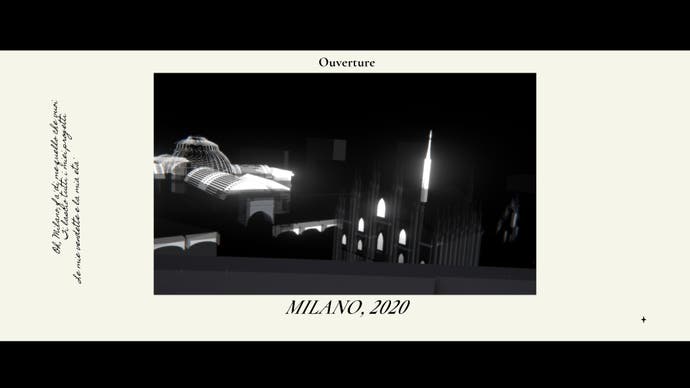 A stylish chapter title screen from Mediterranea Inferno. Several handwritten sentences in Italian run vertically up the screen to the left and a black rectangle in the centre contains abstract 3D images of Milan at night.  Above the rectangle is the word 