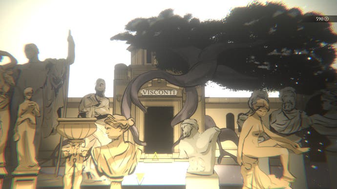 An illustration from Mediterranea Inferno showing an Italian graveyard presented in subdued shades of brown. Statues line a path leading to a family mausoleum with the name 