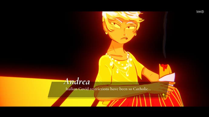 An illustration from Mediterranea Inferno showing a blond young man, Andrea, addressing someone out of the frame. He is telling them, 