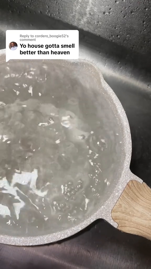 Als erstes kocht die Social-Media-Nutzerin das Wasser für ihren Wischmopp ab