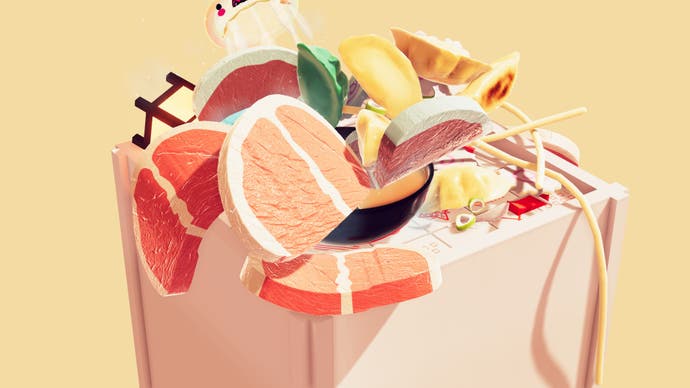 Ein Screenshot aus dem realistischen Essensspiel Nour, der eine Schüssel Ramen zeigt, die vor übergroßen Zutaten explodiert.  Es gibt riesige Fleischstücke, riesige Gyoza und endlose Nudeln.  Es ist ein Chaos!