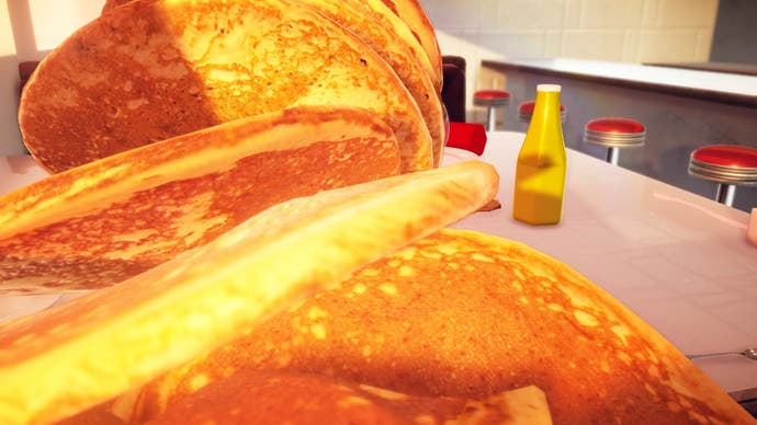 Ein Screenshot aus dem Food-Spiel Nour, der die größten Pfannkuchen zeigt, die die Welt je gesehen hat, gestapelt und in Richtung der Kamera fallend.  Zulangen!