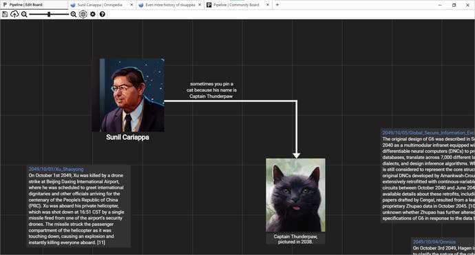 Screenshot von Neurocracy 2.049, der das Verschwörungstafel-Tool „Pipeline“ zeigt, vorgeführt mit einem Wissenschaftler und seiner Katze