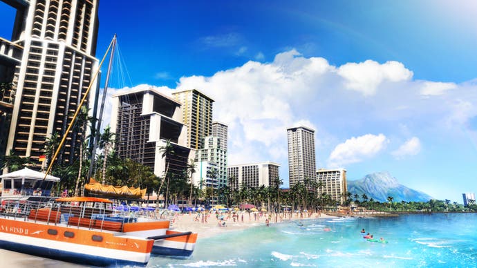 Die sonnige hawaiianische Lage von Like A Dragon Infinite Wealth zeigt einen von Wolkenkratzern gesäumten Strand.