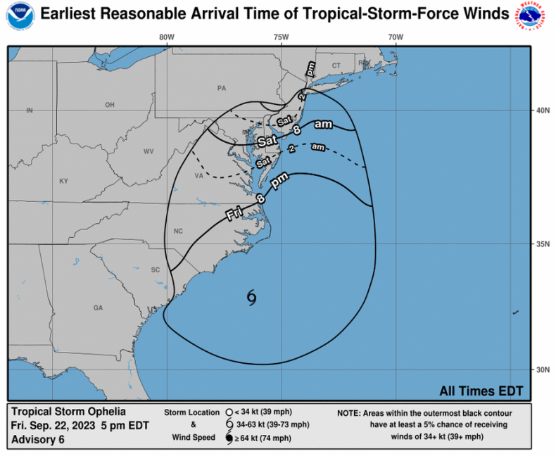Windkarte des tropischen Sturms Ophelia