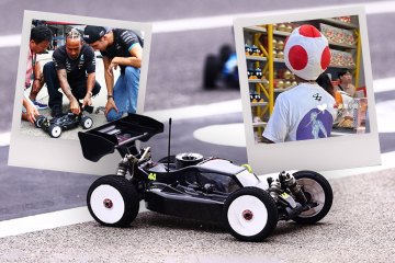 Im Aufbau von Hamiltons GP von Japan mit Nintendo-Outfit und ferngesteuertem Auto