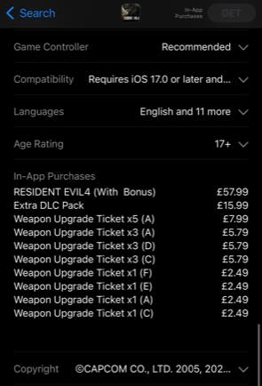 Preisliste für Resident Evil 4 auf iOS