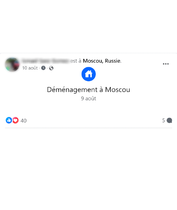Screengrab of a Facebook profile from a mercenary, which says that he moved to Moscow on August 9.