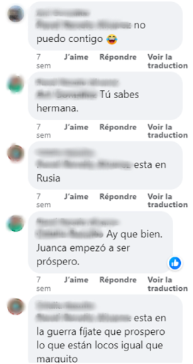 This screengrab shows comments posted under a publication on August 3. A person claiming to be the aunt of one of the Cubans says that he went to Russia and is “at war.”