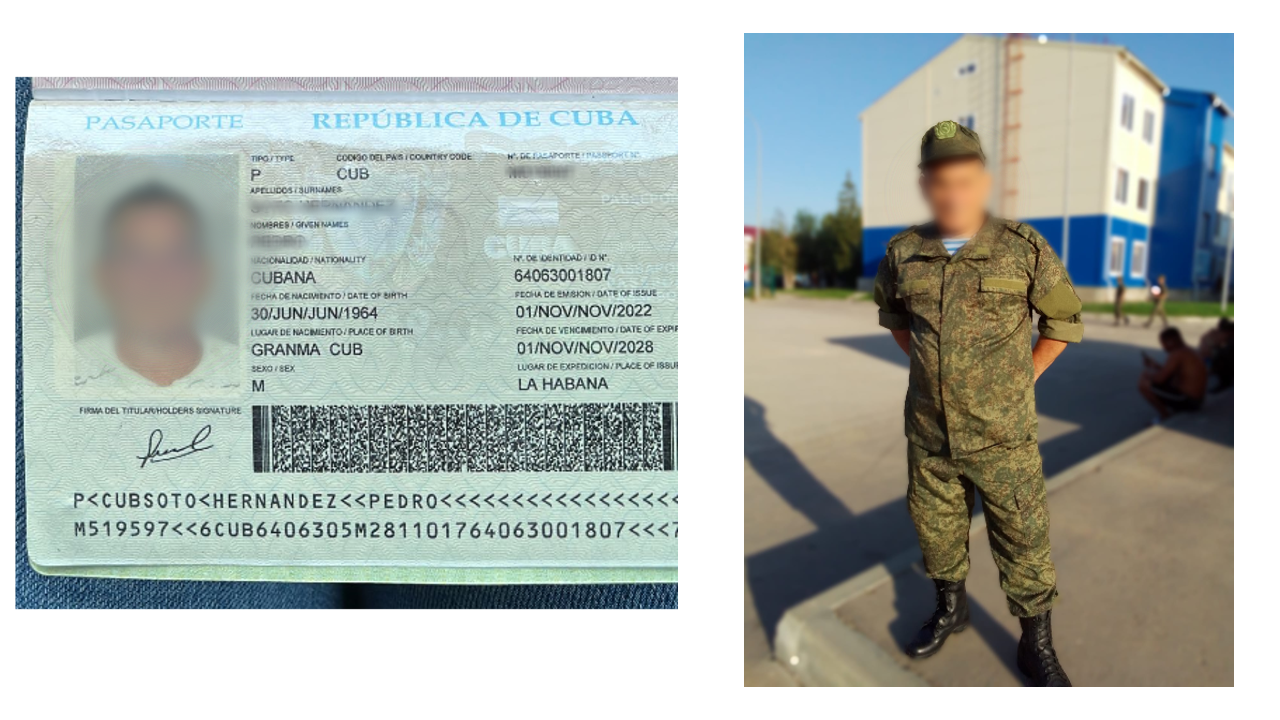 The image at the left shows the passport of one of the Cuban men thought to be a mercenary with the Russian army. The image on the right shows a photo of him posted on Facebook on August 7.