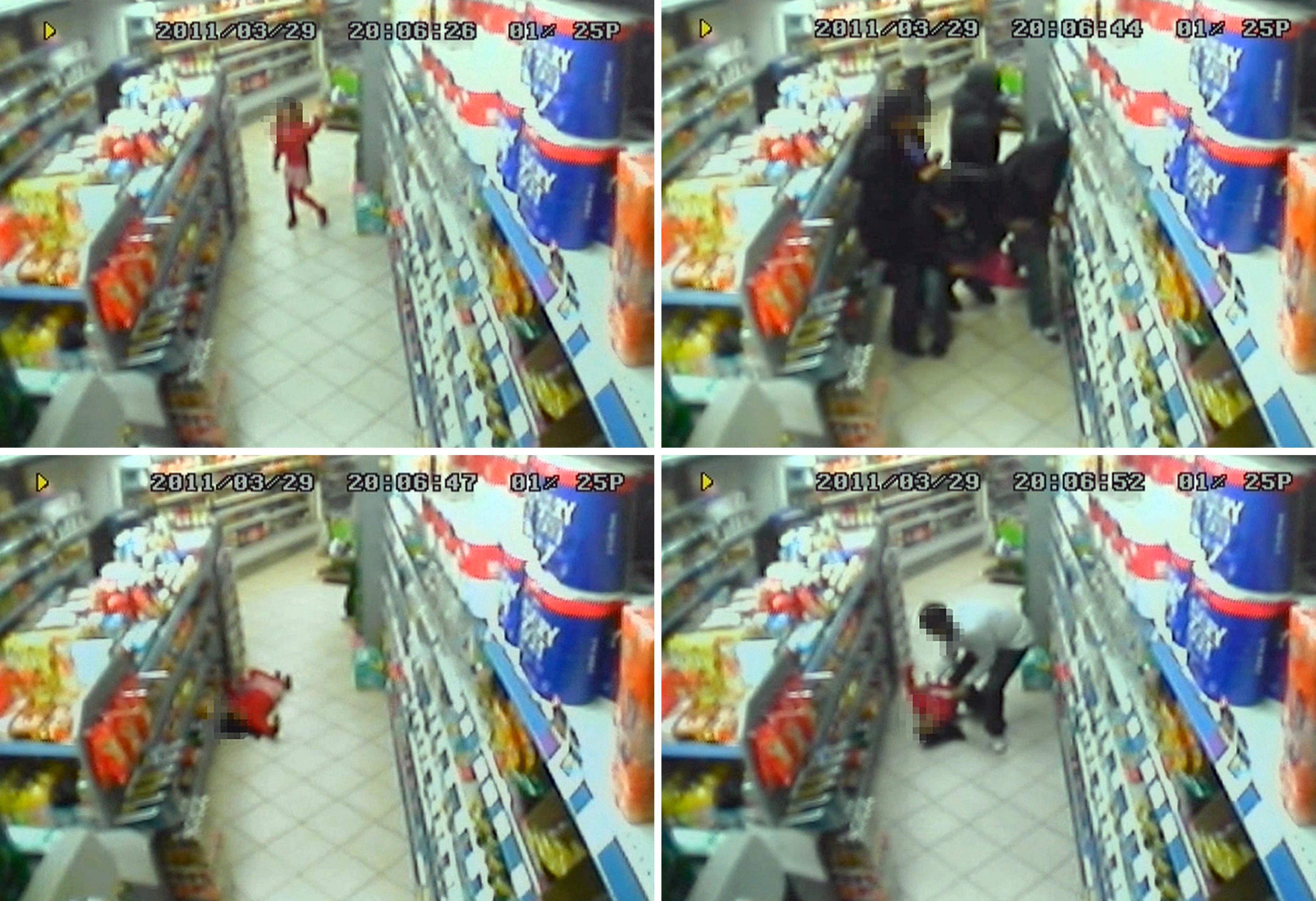 Erschreckende CCTV-Aufnahmen zeigen den Moment, als Thoseha beim Spielen im Laden von einer verirrten Kugel getroffen wurde
