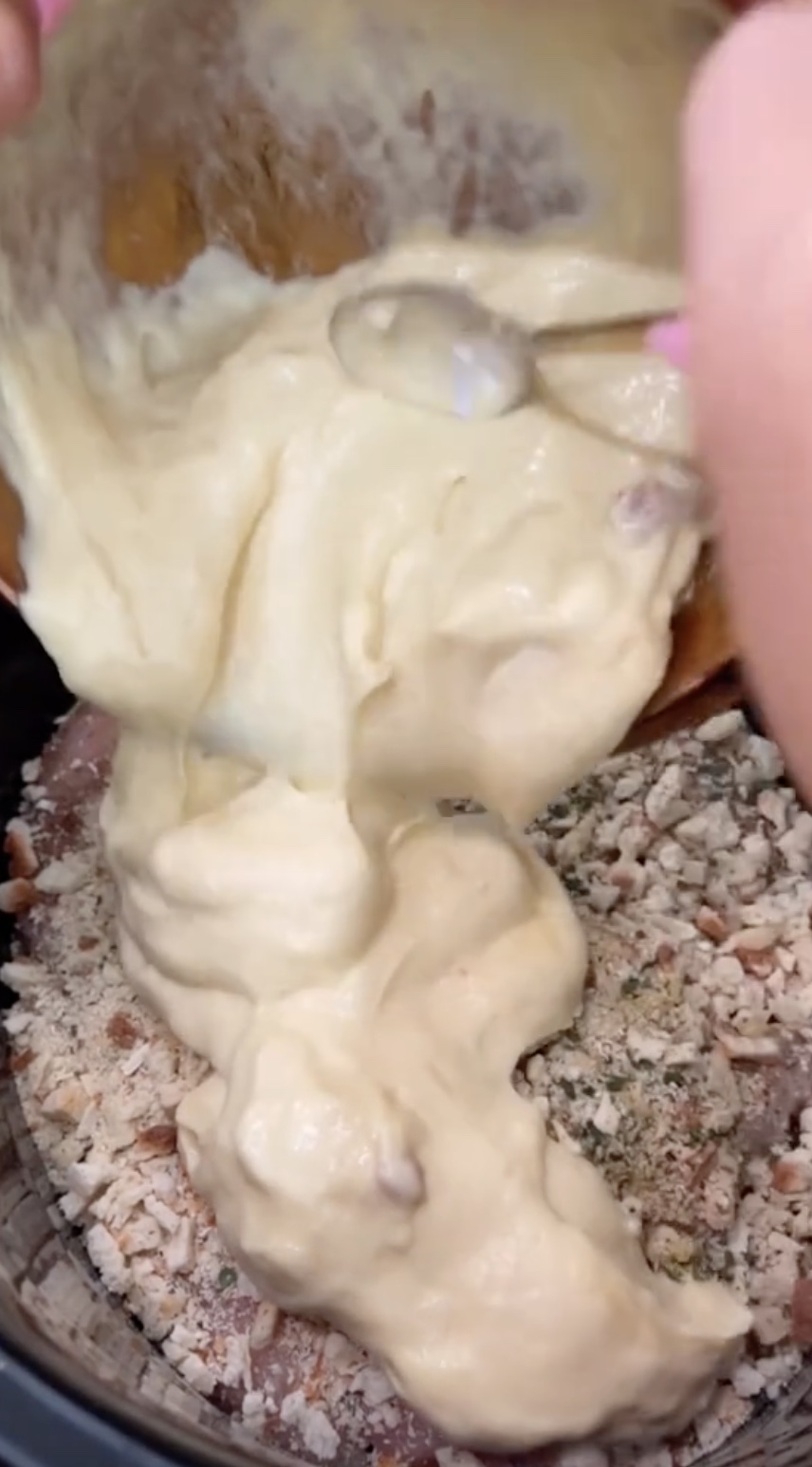 Sie schlug eine Mischung aus Joghurt, Wasser und Hühnercreme auf und fügte sie der Hühnchen-Füllungs-Mischung hinzu