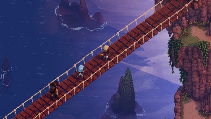 Sea of ​​Stars-Charaktere laufen über eine Brücke
