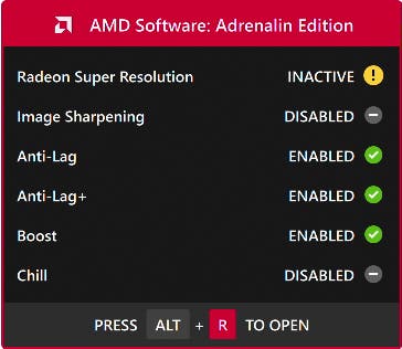 Screenshot der AMD-Software mit Anti-Lag-, Boost-, Chill- und RSR-Status