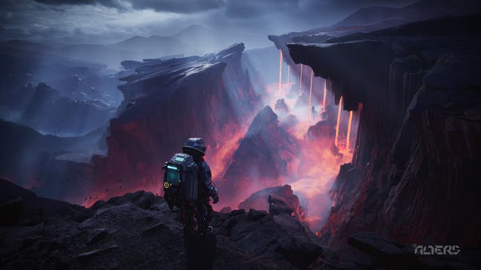 Eine Figur in einem Raumanzug steht da und blickt auf eine riesige Schlucht, in deren Grund sich Lava sammelt.  Die ganze Szene ist in Dämmerung getaucht und Nebel liegt in der Luft.
