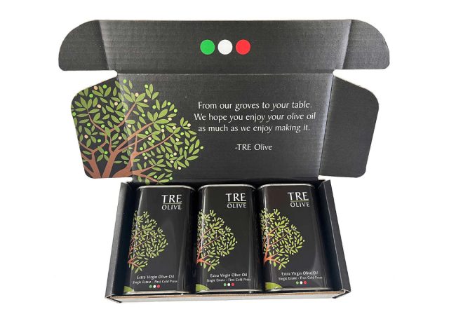 Tre-Olivenernte-Geschenkbox mit nativem Olivenöl extra vergine