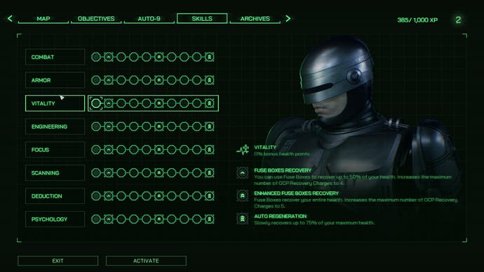 RoboCop: Rogue City-Screenshot mit der Fertigkeitsbaumseite