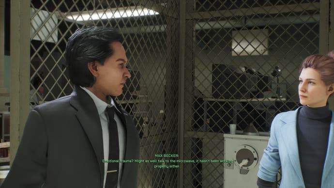 RoboCop: Rogue City-Screenshot, auf dem Max Becker darüber redet, dass RoboCop emotionale Traumata genauso gut erleben kann wie eine Mikrowelle.