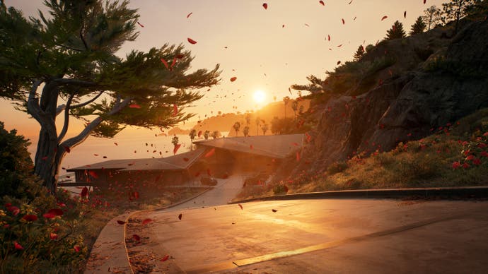 Werbeaufnahme für die Dead Island 2-Erweiterung Haus, die den Sonnenuntergang über LA zeigt