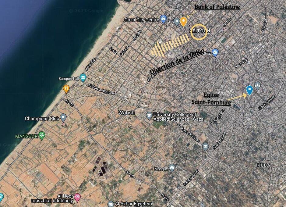 Screenshot von Google Maps, bearbeitet von unserem Redaktionsteam.  Der orangefarbene Marker oben bezeichnet die Bank von Palästina.  Die blaue Markierung rechts zeigt die Kirche an.  Der Pfeil in der Mitte zeigt den vom Video gefilmten Bereich vom Aussichtspunkt (gelber Kreis).