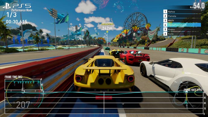 Screenshot der PS5-Leistung beim Crew Motorfest, der einen geringfügigen Rückgang von 60 fps zeigt