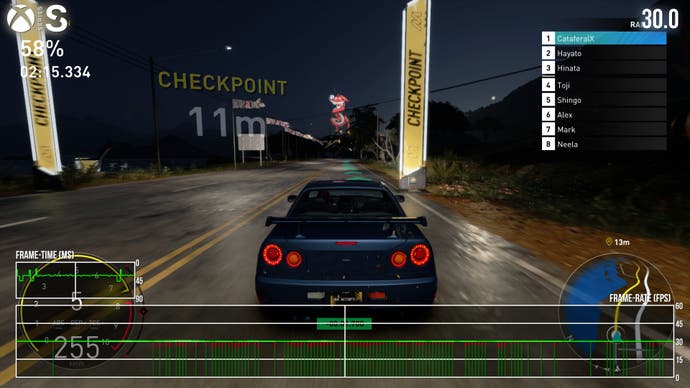 Leistungs-Screenshot der Xbox-Serie, der Einbrüche und Risse beim The Crew Motorfest zeigt