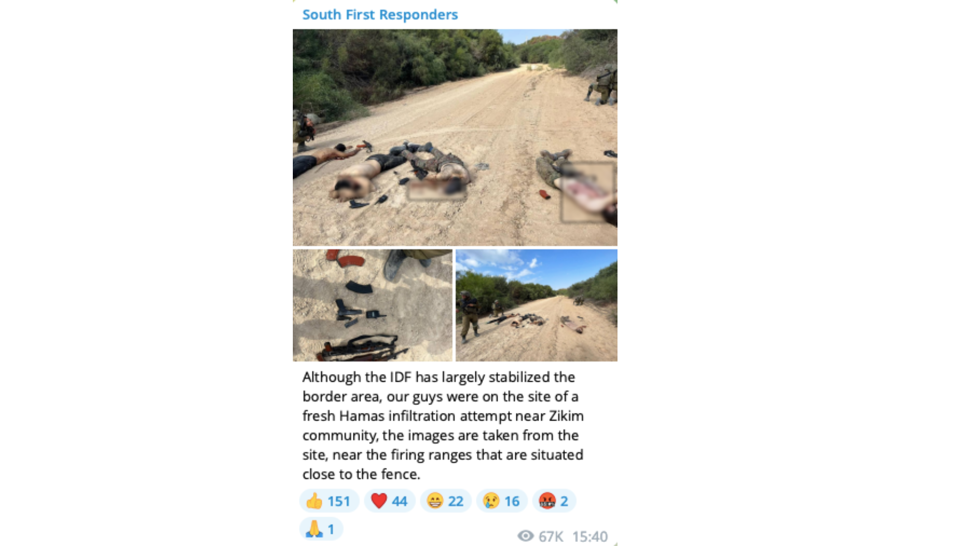 Ein Beitrag auf dem South First Responders Telegram-Kanal vom 10. Oktober, der sich auf einen „Infiltrationsversuch der Hamas“ in der Nähe von Zikim an diesem Tag bezieht.