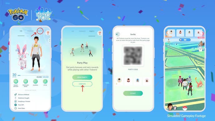 Screenshots von Pokémon Go Party Play zeigen, wie Sie in das neue Party-Menü wischen und einen QR-Code teilen können, um Freunde in der Nähe in Ihr Spiel einzubeziehen.