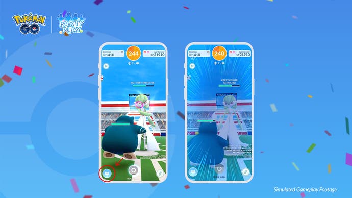 Screenshots von Pokémon Go Party Play zeigen den neuen Raid-Kampfbonus des Spiels, mit Bildschirmeffekten, die erhöhten Schaden beim gemeinsamen Spielen zeigen.