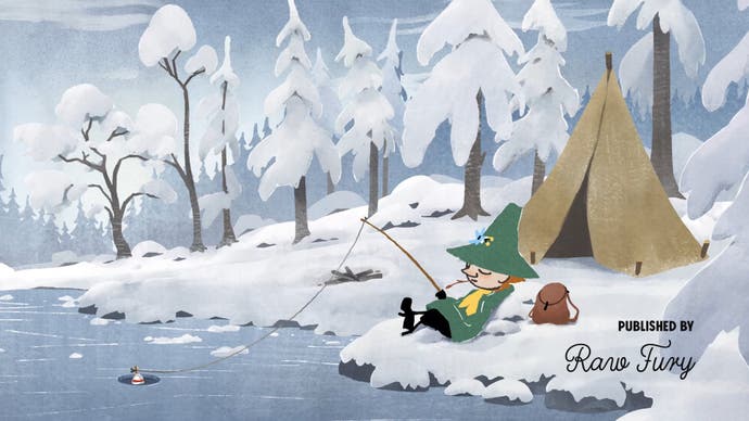 Ein Bild aus der erweiterten Intro-Sequenz von Snufkin: Melody of Moominvalley, das die Figur Snufkin zeigt, wie er mit gekreuzten Beinen in einem zugefrorenen Fluss fischt und sein Zelt auf schneebedecktem Boden in der Nähe steht.