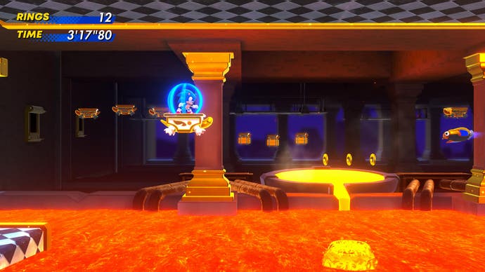 Sonic reitet während eines Bosskampfs auf einer Plattform über Lava