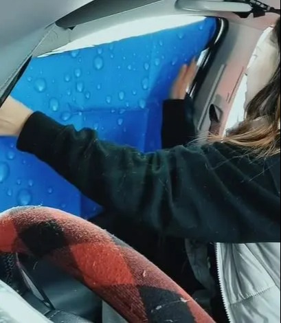Sie behauptete, dass sie magnetische Fensterabdeckungen verwende, um ihr Auto zu isolieren und warm zu halten