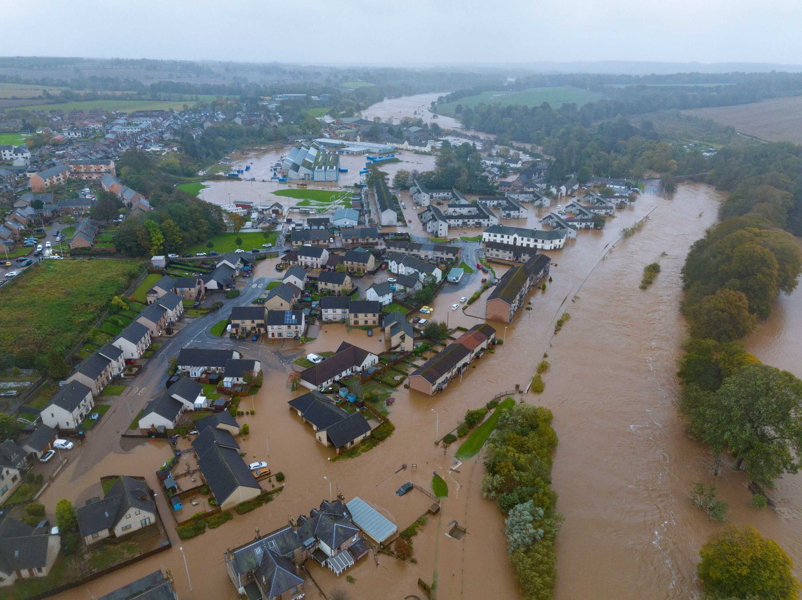 Aerial views of Brechin after the River South Esk broke its banks today