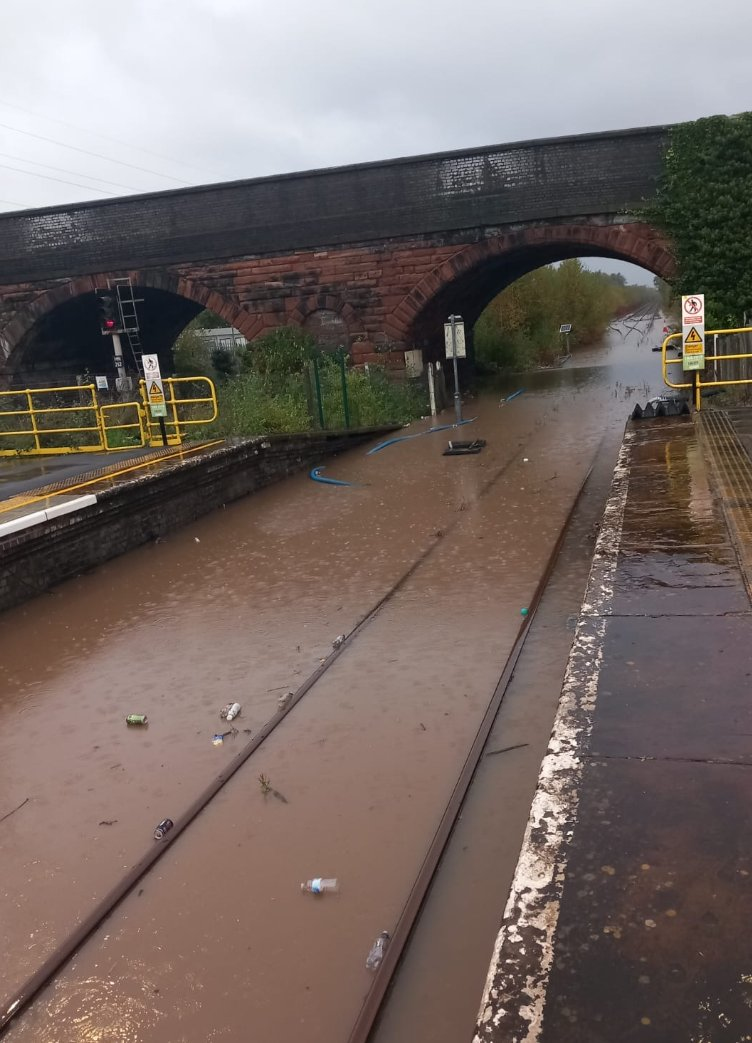 Flooded railway tracks at Hooton, Cheshire