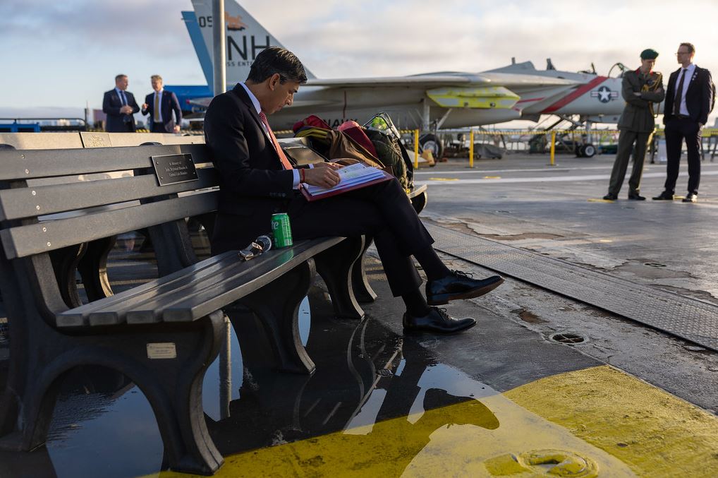 March, 2023: Rishi sits with a can of Sprite on the USS Midway aircraft carrier before his interview with the NBC news channel