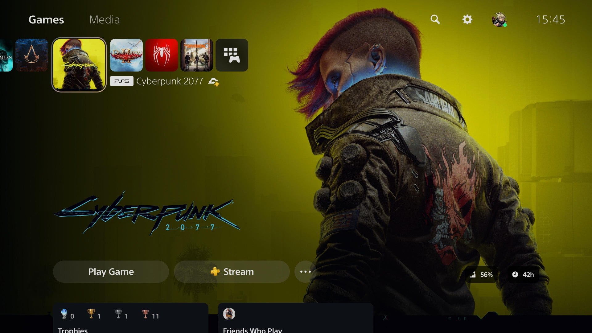 Benutzeroberfläche der PlayStation 5 mit Cyberpunk und Streaming-Logo