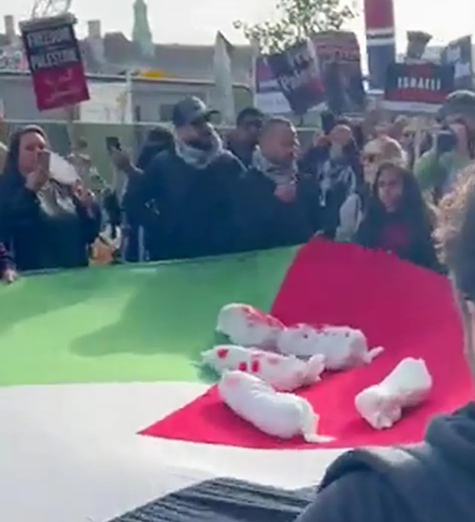 Die Abbildungen toter Babys wurden auf einer palästinensischen Flagge auf und ab gehüpft