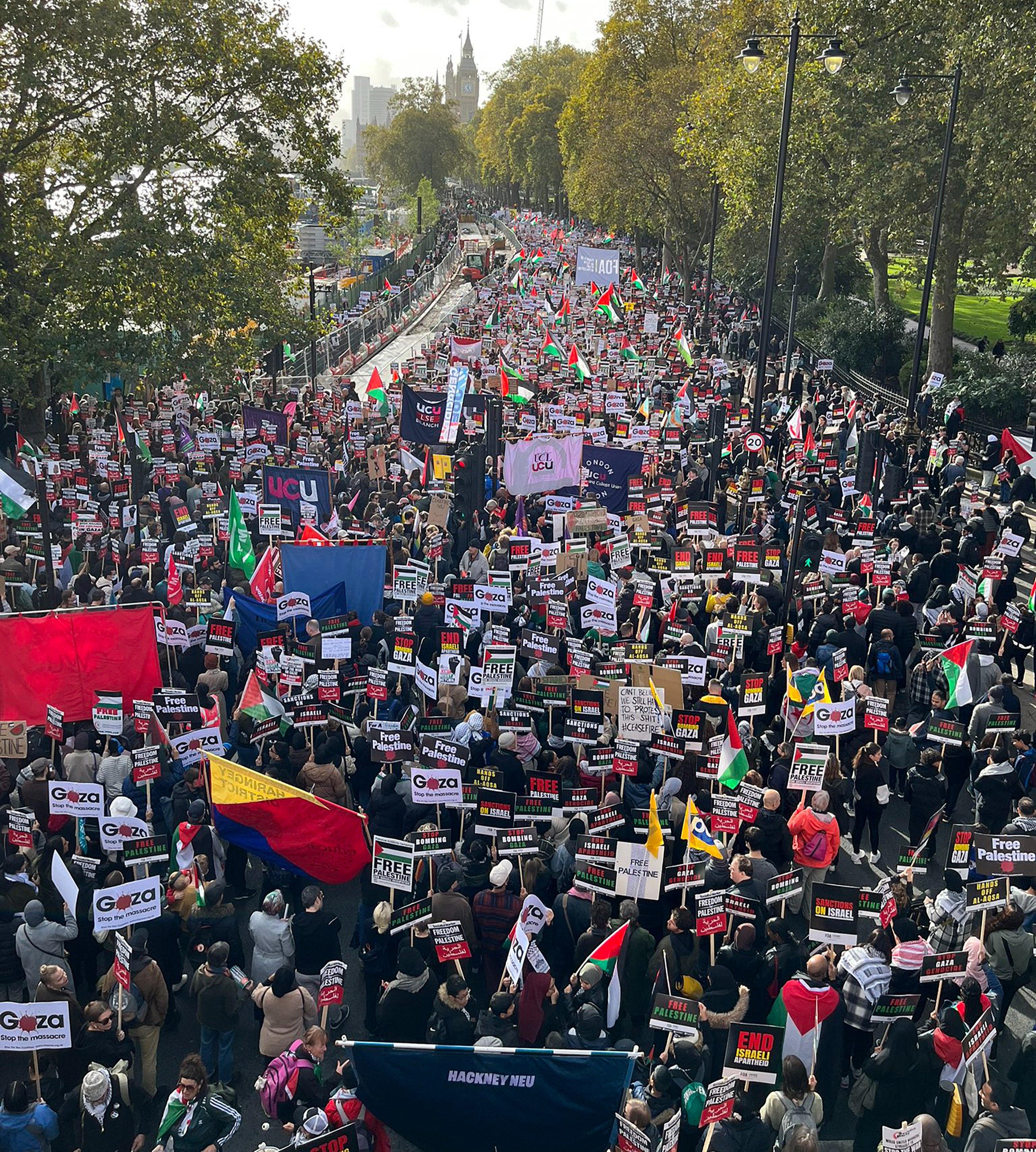 Bei einem Pro-Palästina-Protest marschierten große Menschenmengen am Londoner Ufer entlang