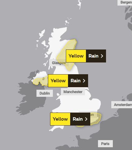 Heute gelten gelbe Wetterwarnungen für Regen, der weite Teile des Vereinigten Königreichs bedeckt