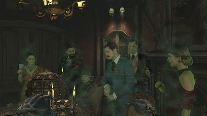 Ein Screenshot von The 7th Guest VR zeigt sechs Gäste – dargestellt von digitalisierten Schauspielern –, die sich um einen Tisch in einem düsteren Speisesaal versammelt haben.