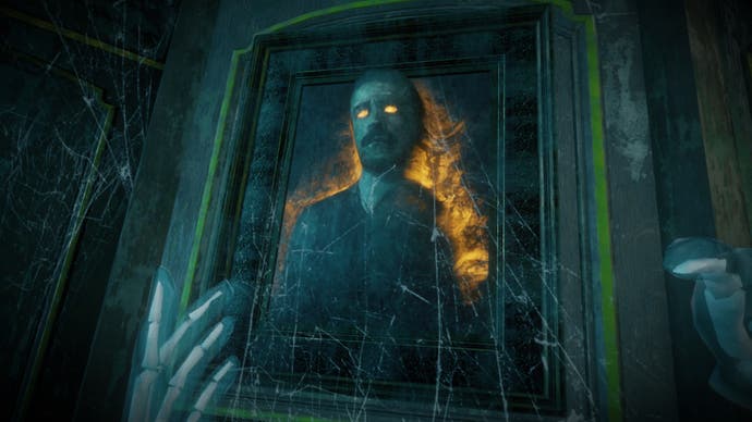 Ein Screenshot von The 7th Guest VR zeigt ein Gemälde, das zum Leben erwacht, und den Mann, den es darstellt, der sich aus der Leinwand streckt.